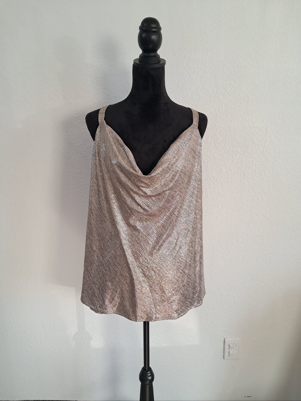 Skies Are Blue 3X Champagne Gold Metallic Tank Top Draped Cowl Neck Lurex Glam